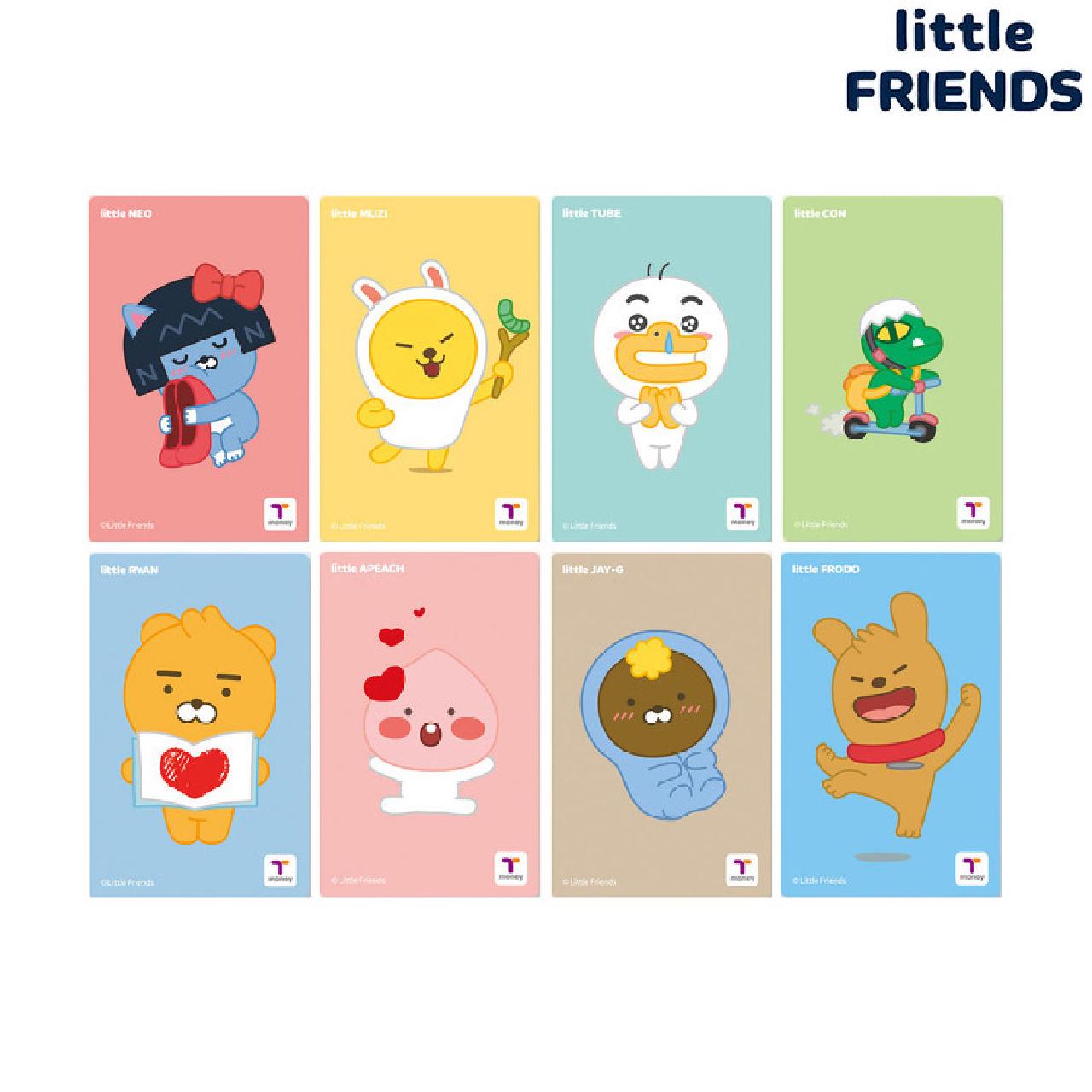 Otto carte T-money che presentano diverse illustrazioni di Little Friends, le mascotte ufficiali di Kakao